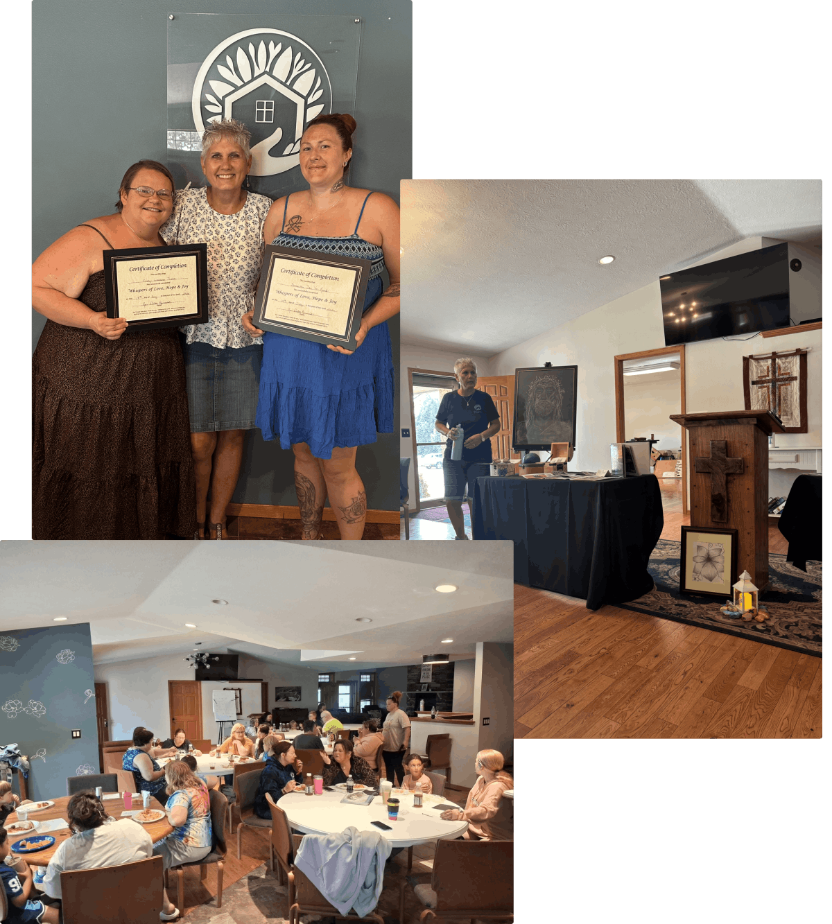 Collage of three women holding completion certificates, a group sharing a meal, and a worship room with a wooden pulpit